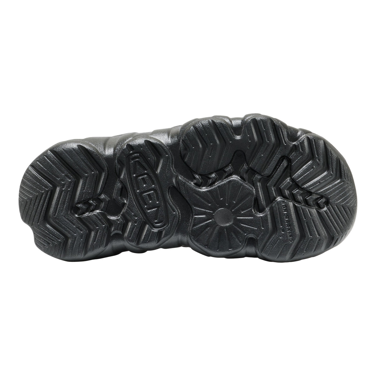 The black kids keen textured rubber outsole of a shoe, showing deep tread patterns, photographed from a top-down view on a white background.