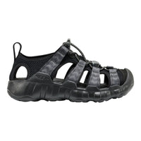 A black kids Keen sandal with multiple adjustable straps and a thick textured sole, shown in a side profile on a white background.