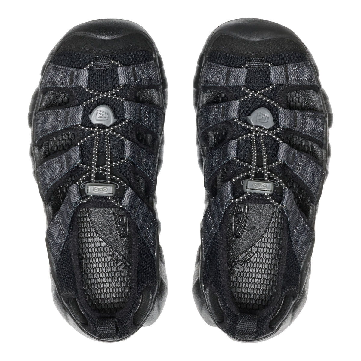 A pair of black kids keen and dark gray mesh athletic sandals shown from a top-down view on a white background.