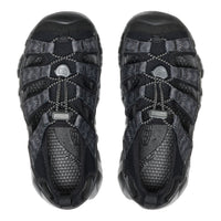 A pair of black kids keen and dark gray mesh athletic sandals shown from a top-down view on a white background.