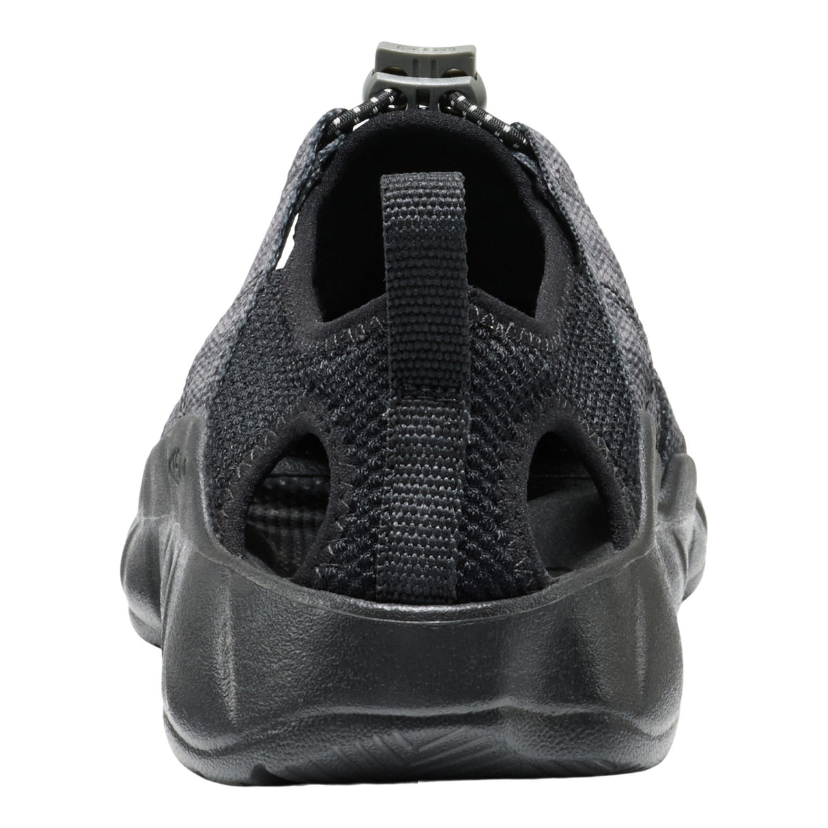 Black knit KEEN Kids slip-on water shoe shown from the rear on a white background.