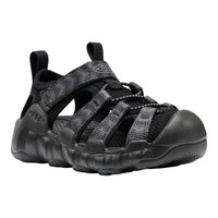 A Keen brand black and dark gray water sandal with a thick, flexible black sole, shown from a three-quarters angle on a white background.