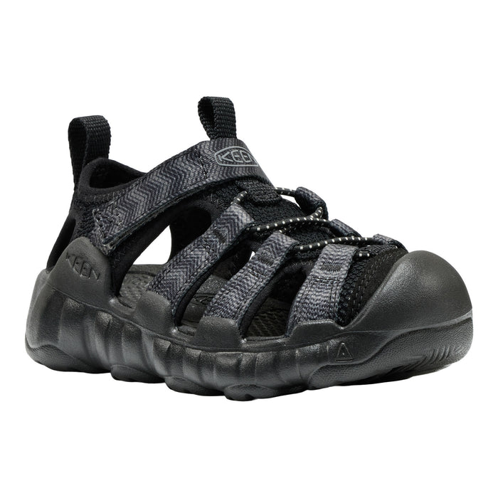 A Keen brand black and dark gray water sandal with a thick, flexible black sole, shown from a three-quarters angle on a white background.