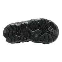 The black textured rubber outsole of a shoe, showing deep tread patterns, photographed from a top-down view on a white background.