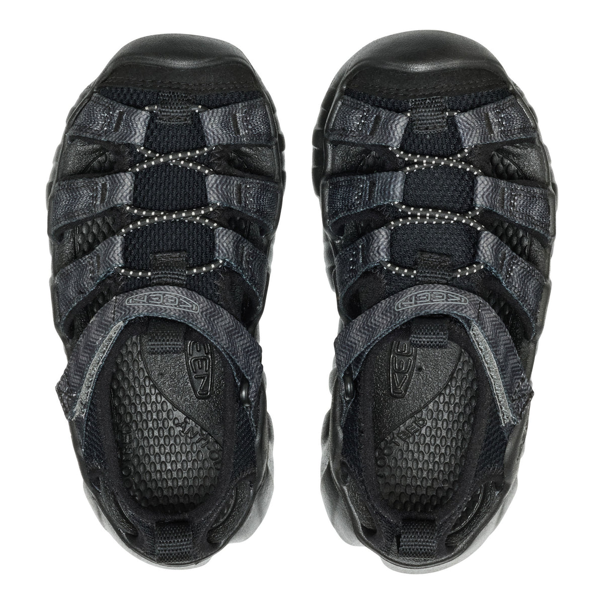 A pair of black and dark gray Keen sandal shoes shown from a top-down view on a white background.