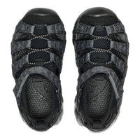 A pair of black and dark gray Keen sandal shoes shown from a top-down view on a white background.