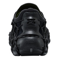 Black shoe with unique sole design on a white background