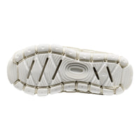 The textured white rubber outsole of a shoe, showing detailed tread patterns and grooves, isolated on a white background.