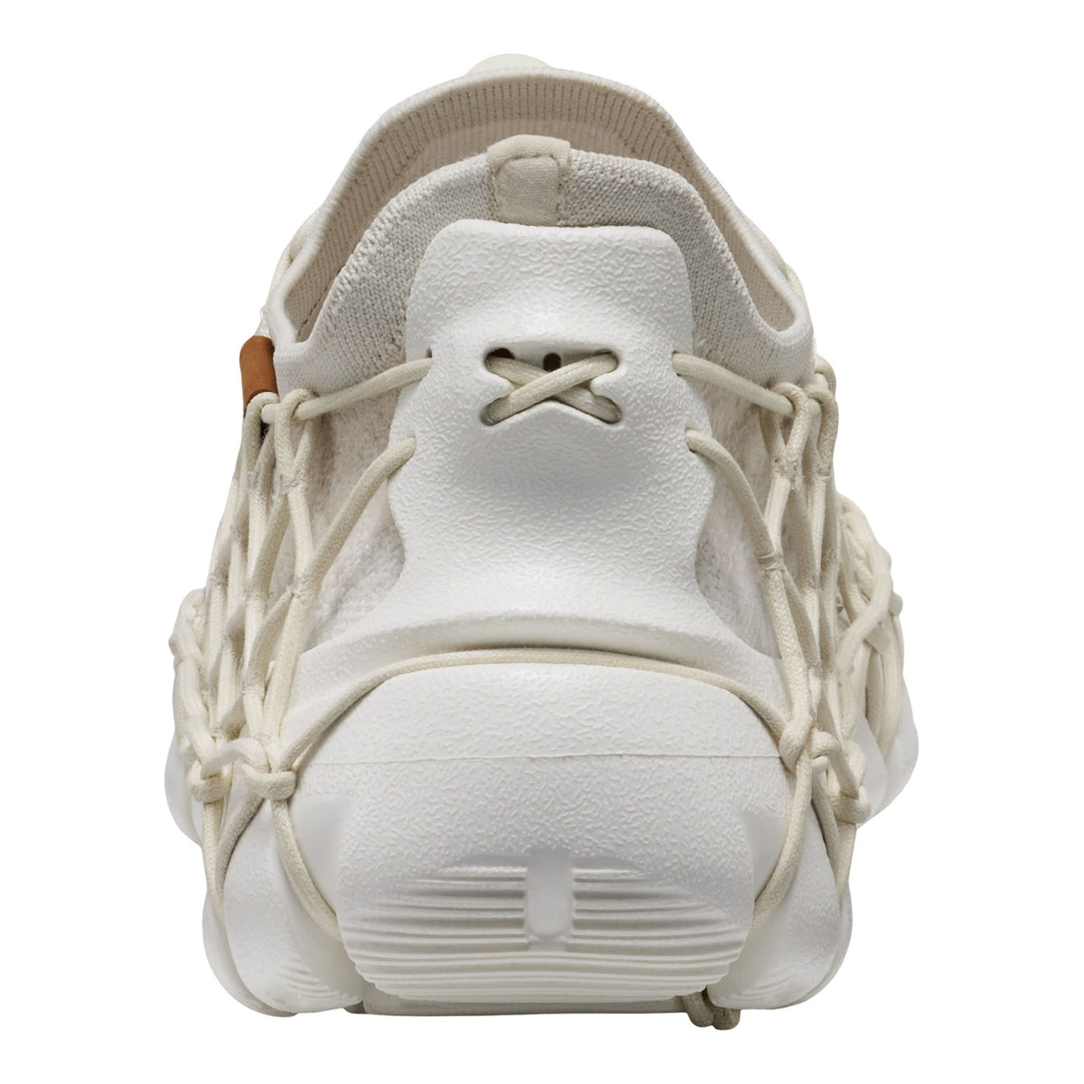 A close-up of a white sneaker featuring a unique web-like lace design wrapping around the sides and tongue, set against a plain white background.