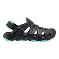 Black sandal with teal accents on a white background