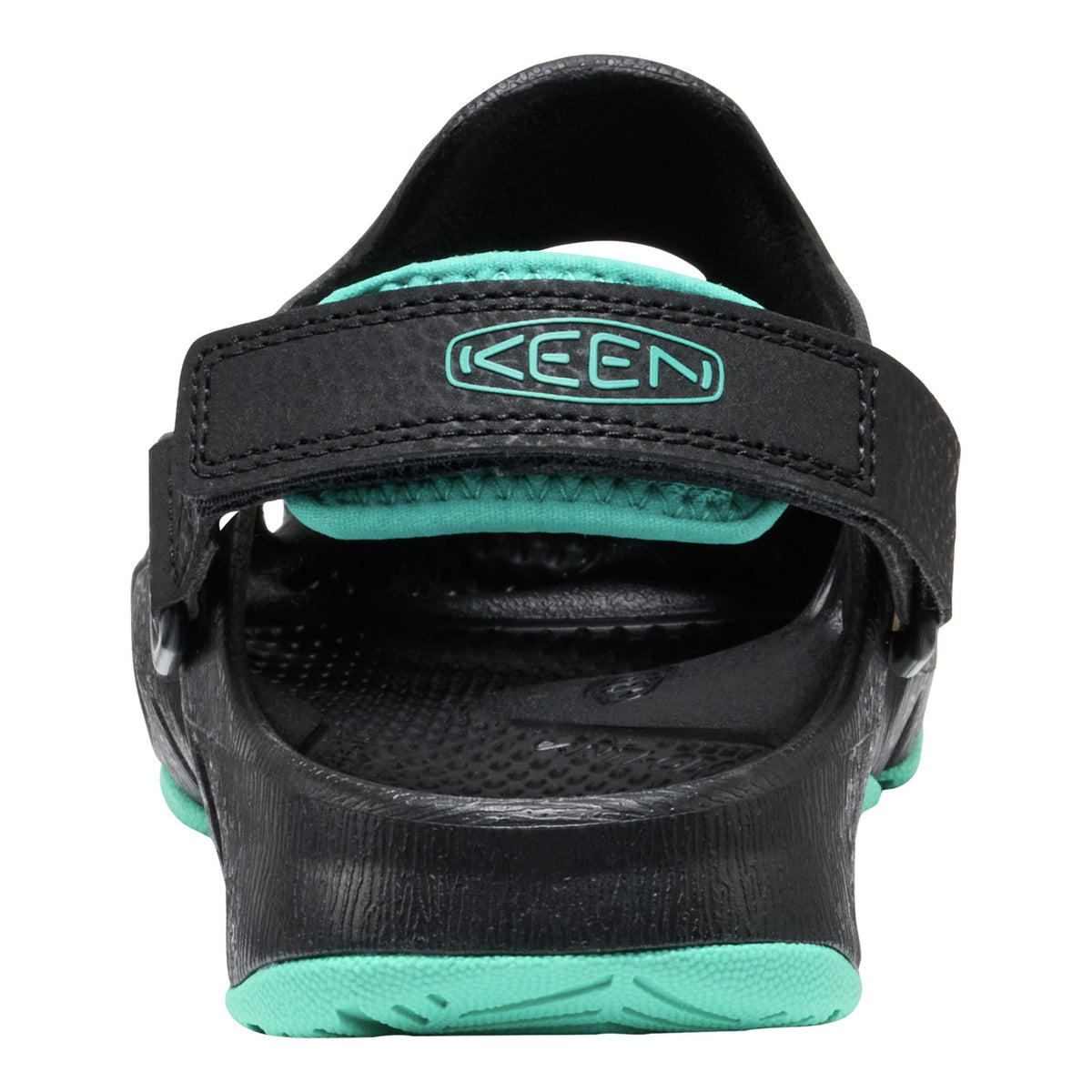 Black sandal with teal accents and Keen logo on a white background