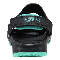 Black sandal with teal accents and Keen logo on a white background
