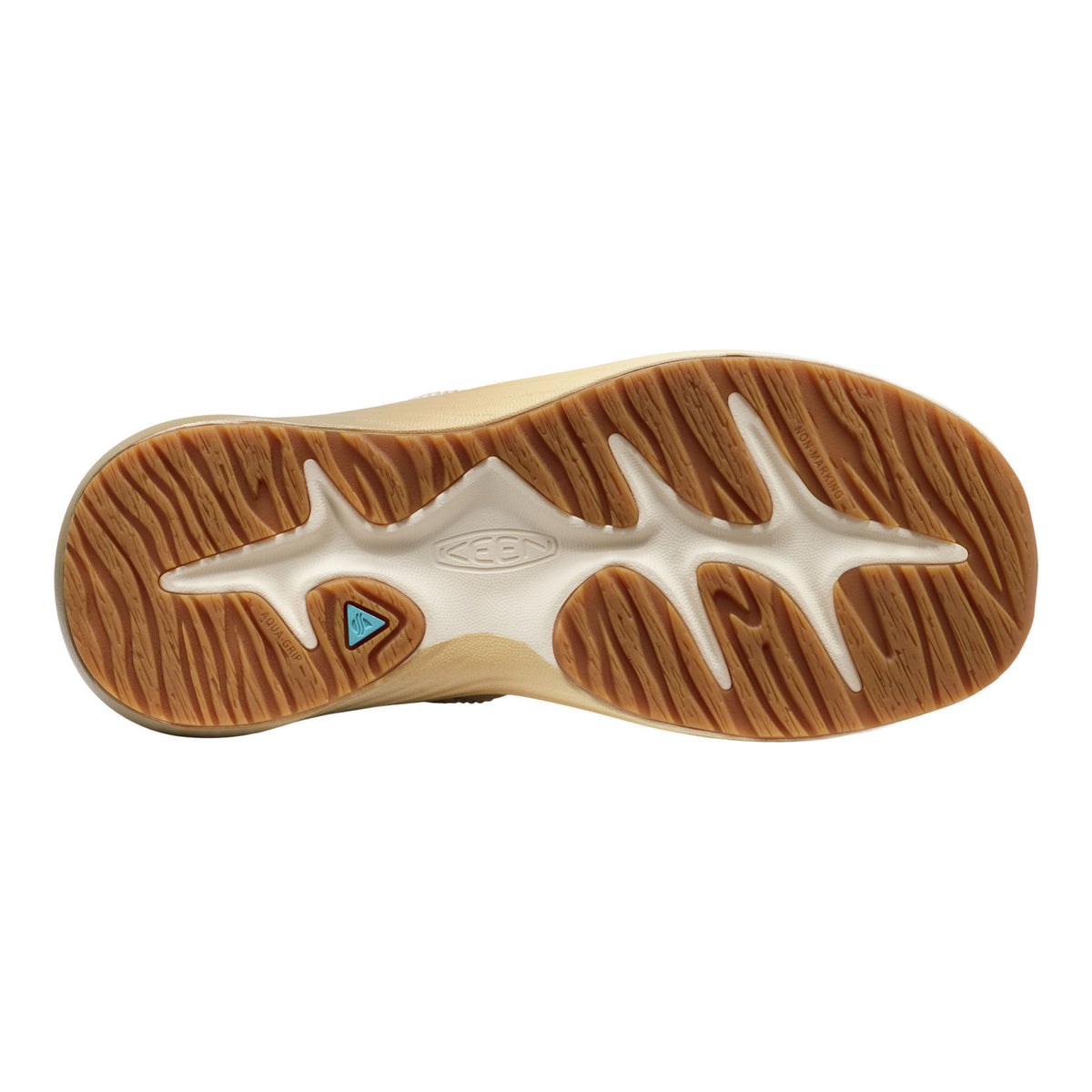 Close-up of a shoe sole with a brand logo on a white background