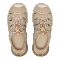 Pair of beige sandals with brown straps on a white background