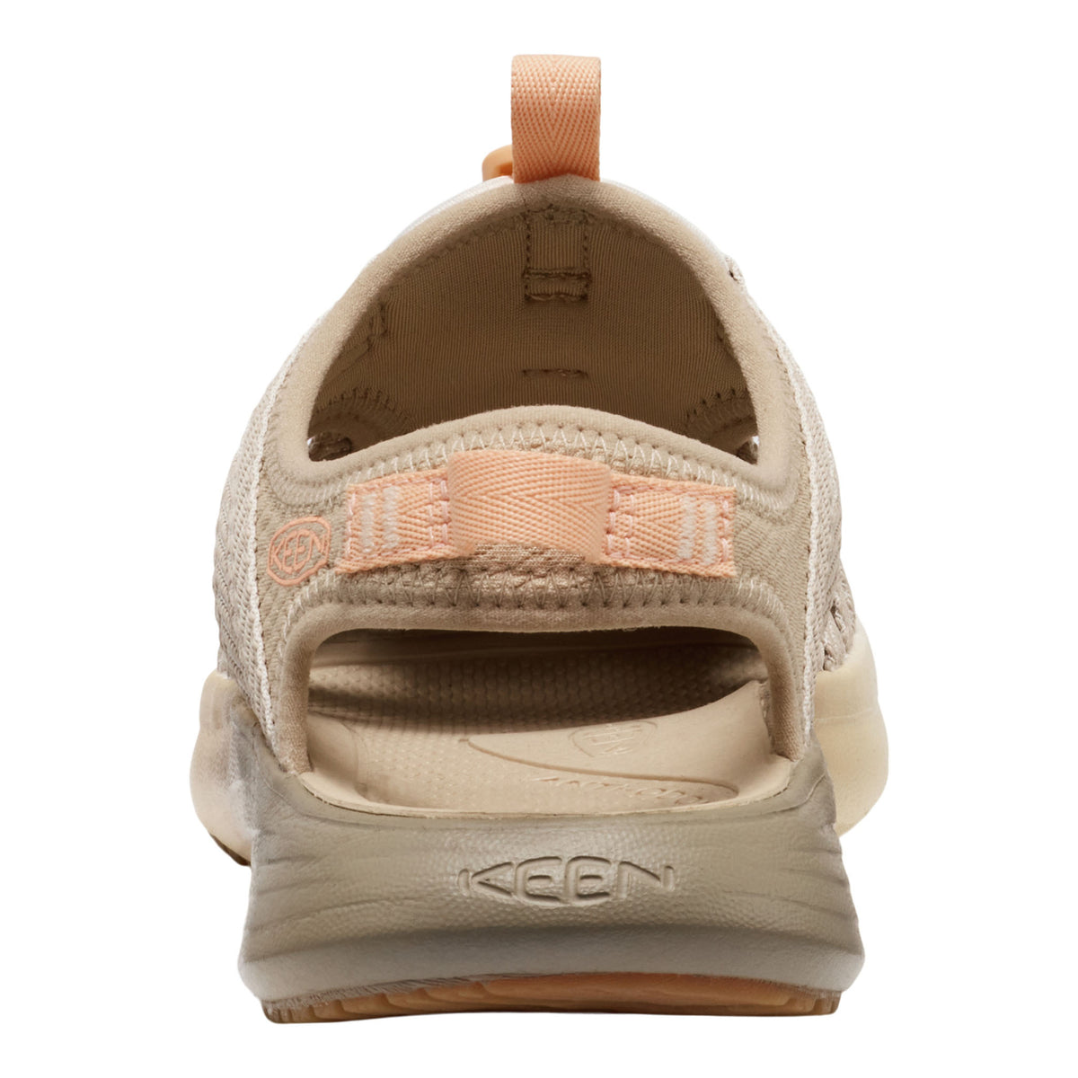 Beige sandal with a visible brand logo on a white background