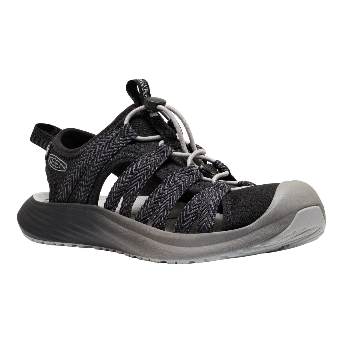 Black and gray sandal with KEEN logo on a white background