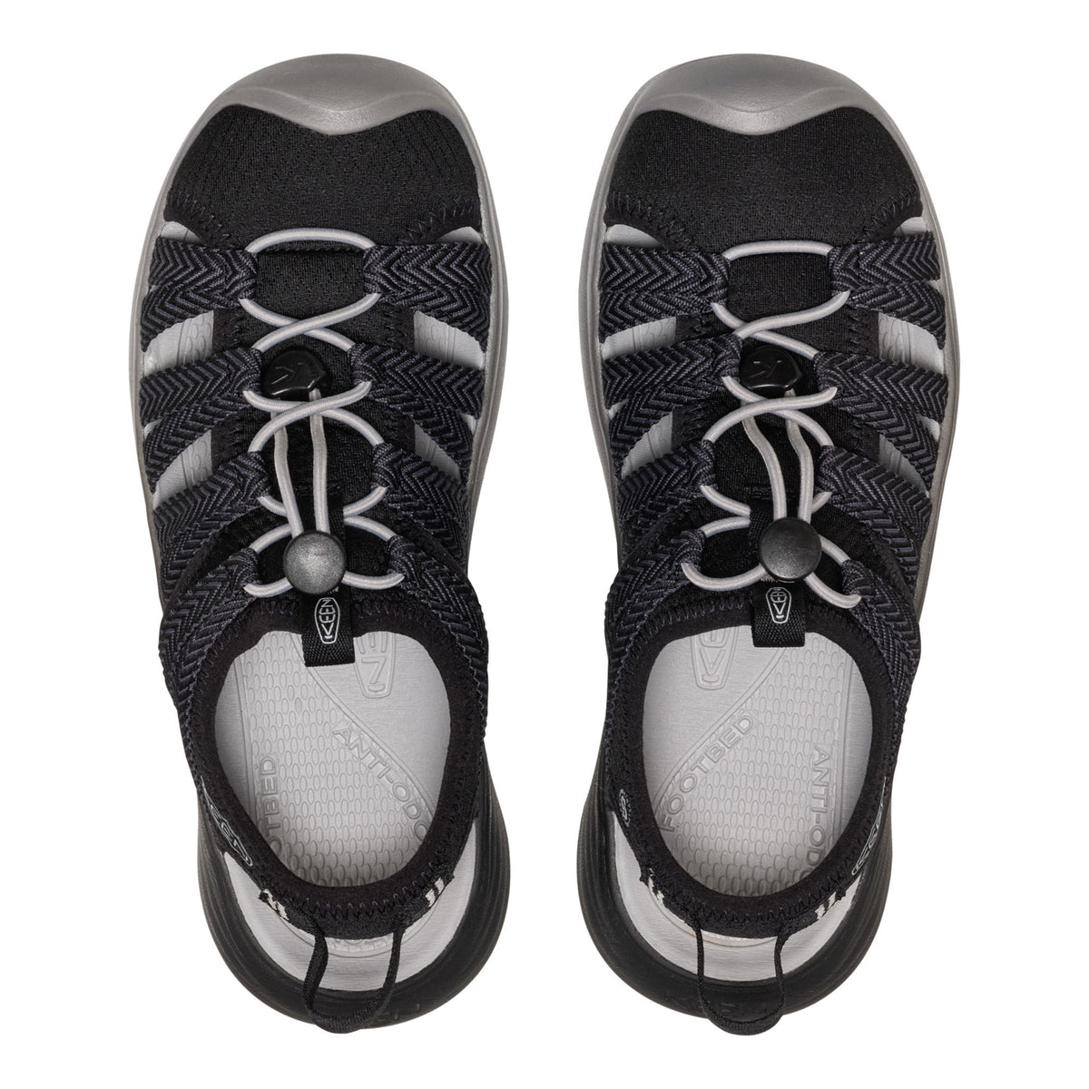 Black and gray athletic shoes with white soles on a white background