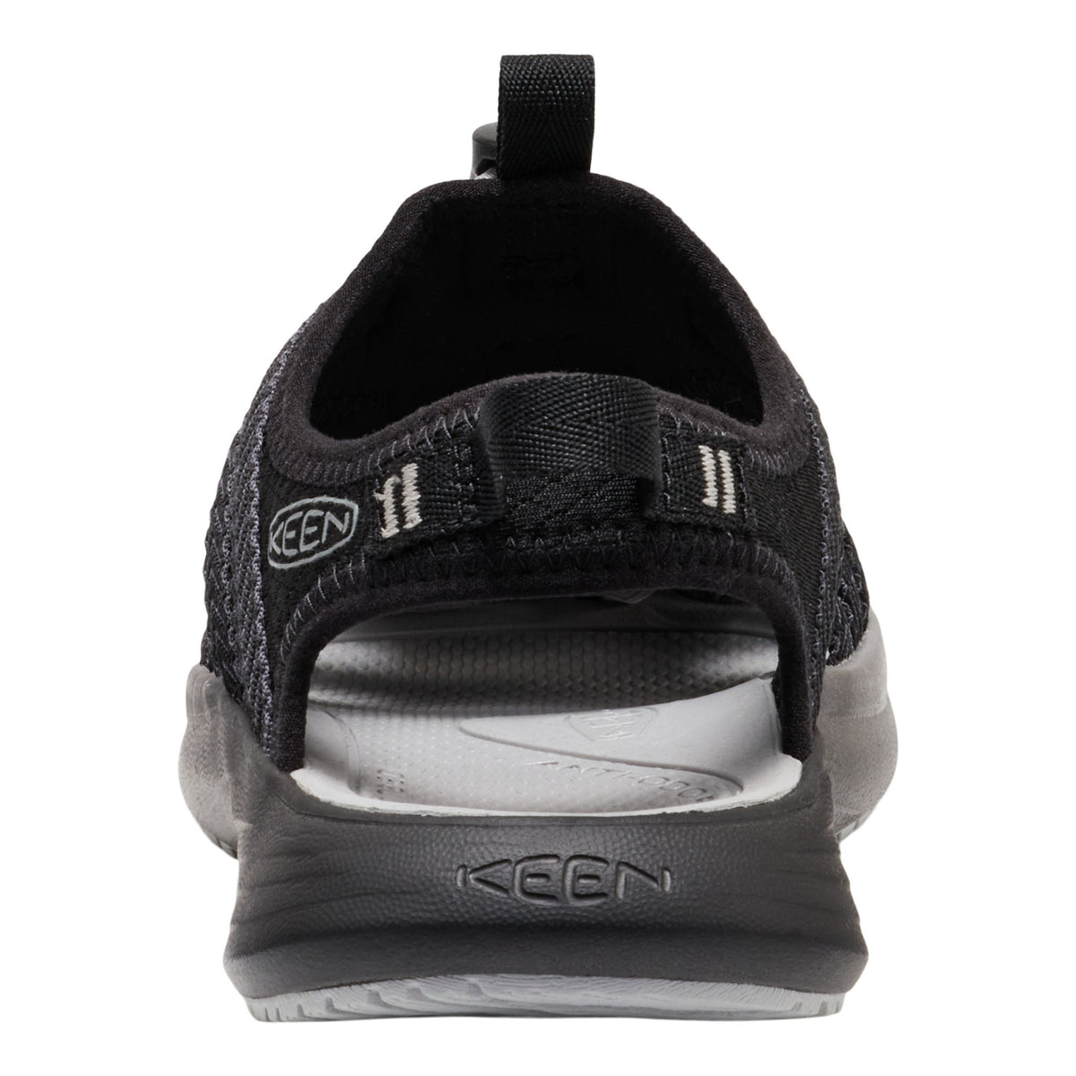 Black sandal with Keen logo on a white background