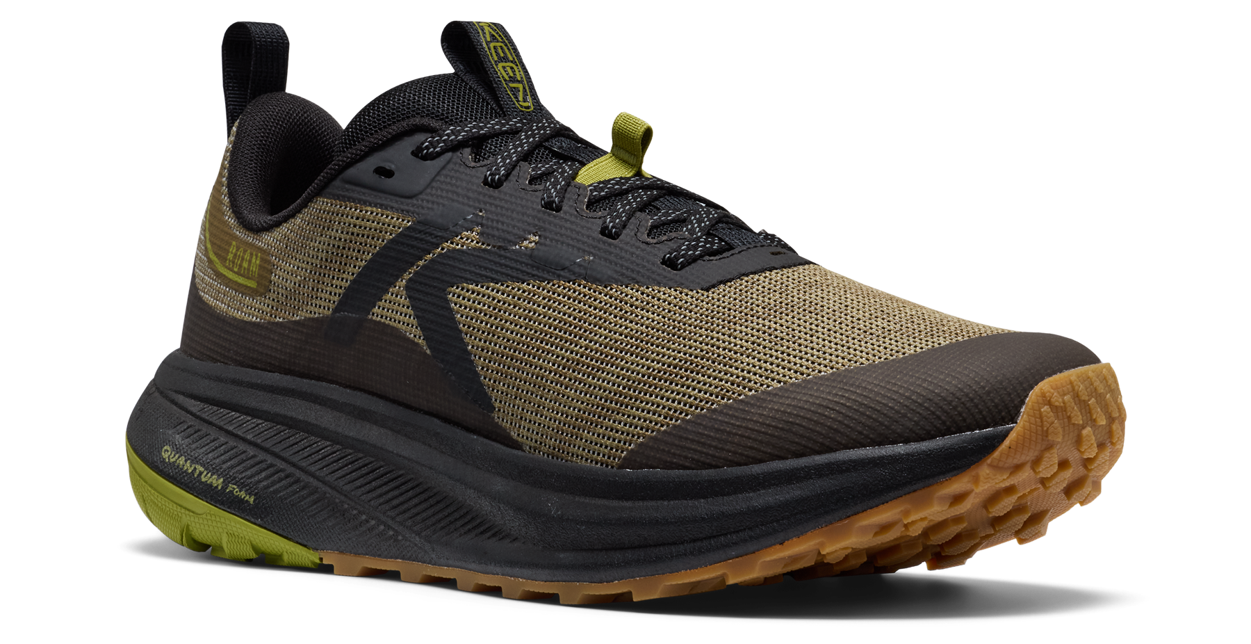 Black and brown running shoe with yellow accents on a white background