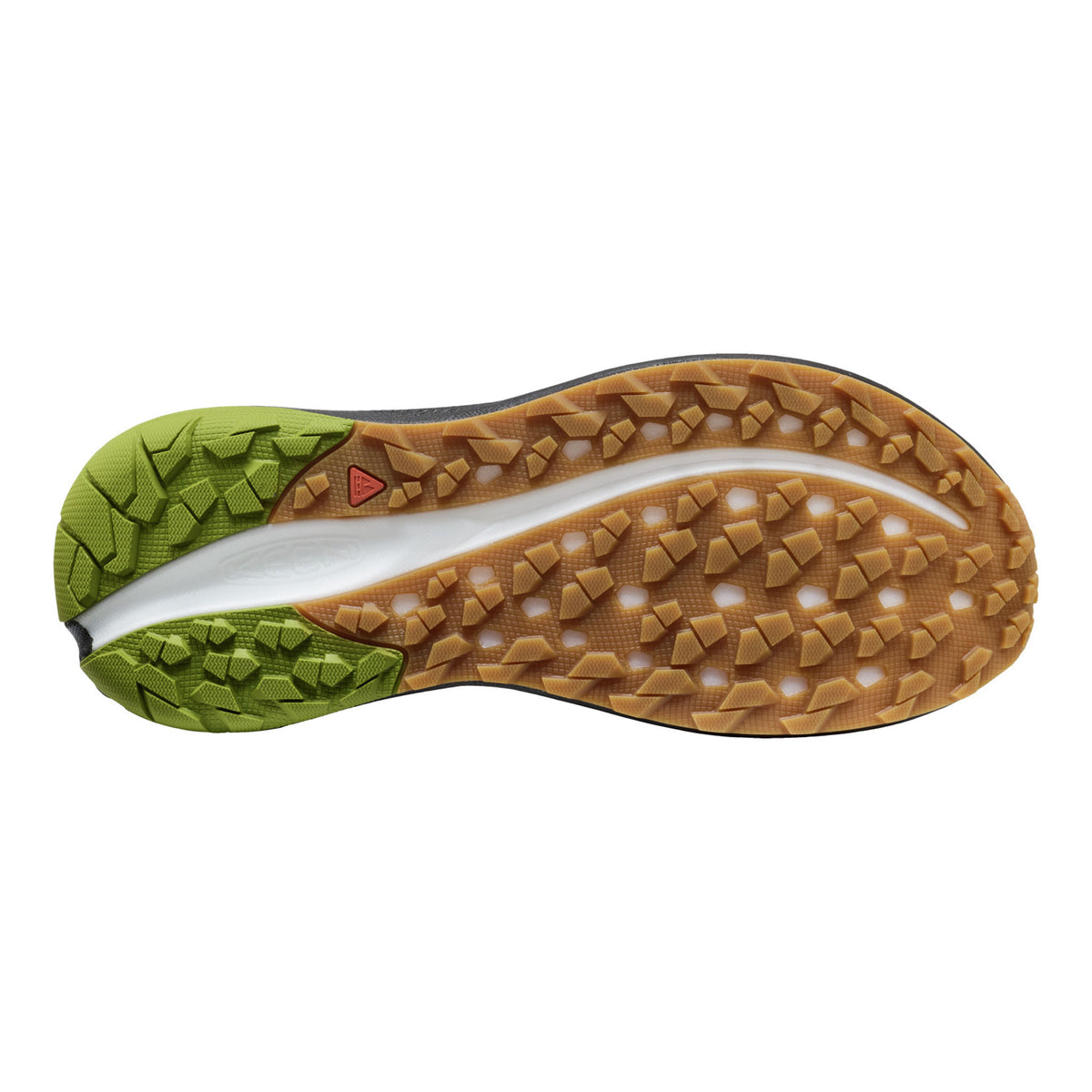 Close-up of a shoe sole with green and brown tread patterns on a white background