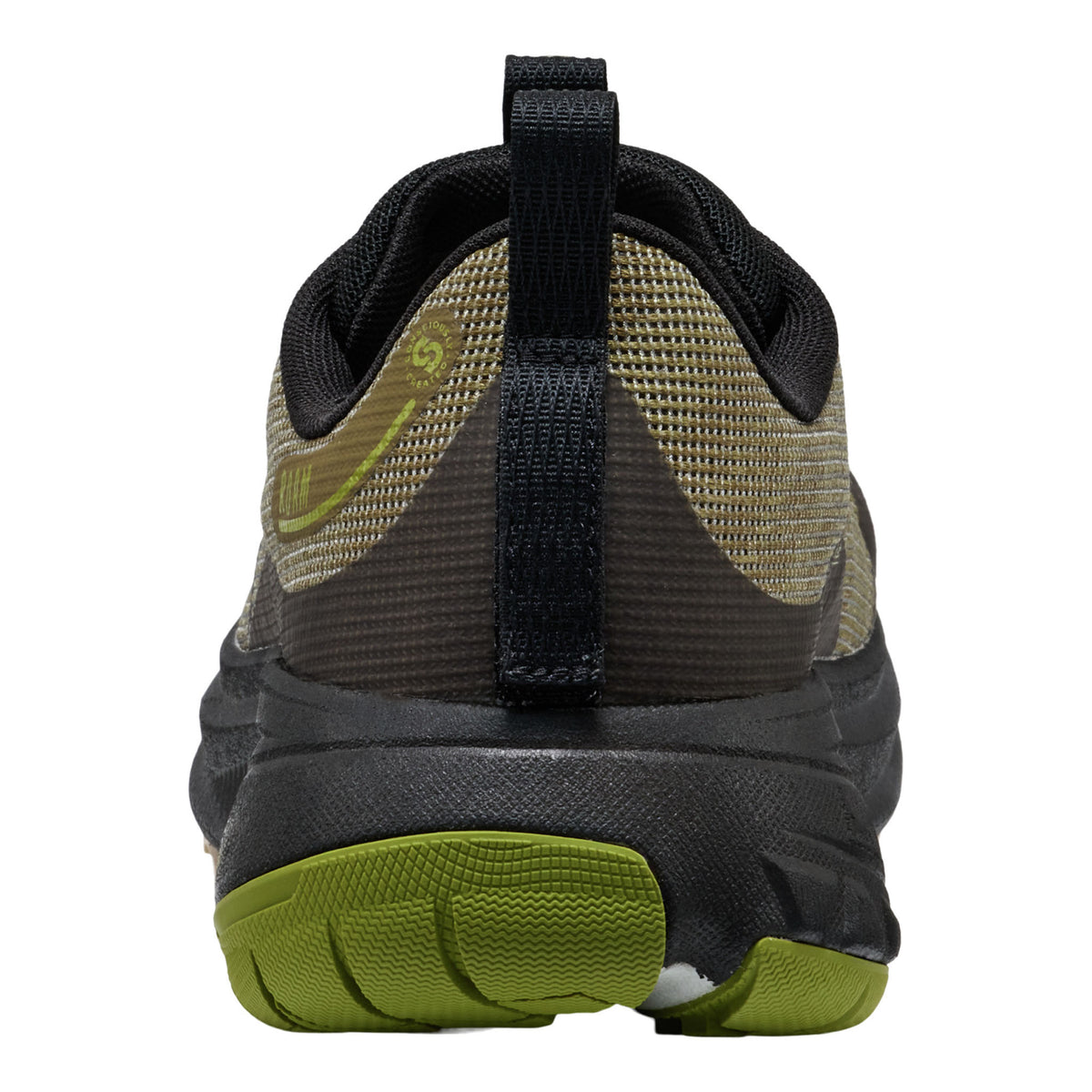Back view of a black and green athletic shoe with a visible brand logo.