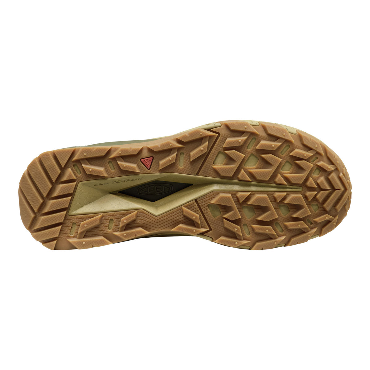 A top-down view of a brown rugged outdoor shoe sole with deep tread patterns and a small red triangular logo, shown on a plain white background.