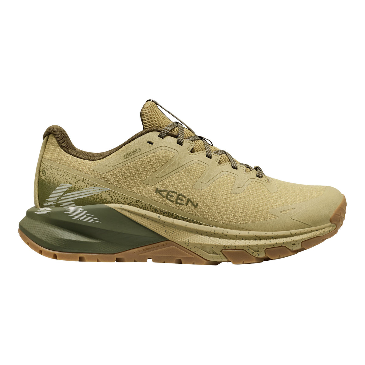 A Keen brand trail running shoe in a desert sand and olive green colorway, shown from a lateral profile view against a plain white background.