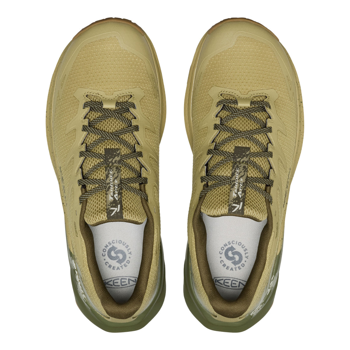 A pair of KEEN trail running shoes in a khaki-tan colourway, shown from a top-down view on a solid white background.
