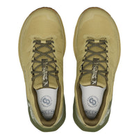 A pair of KEEN trail running shoes in a khaki-tan colourway, shown from a top-down view on a solid white background.