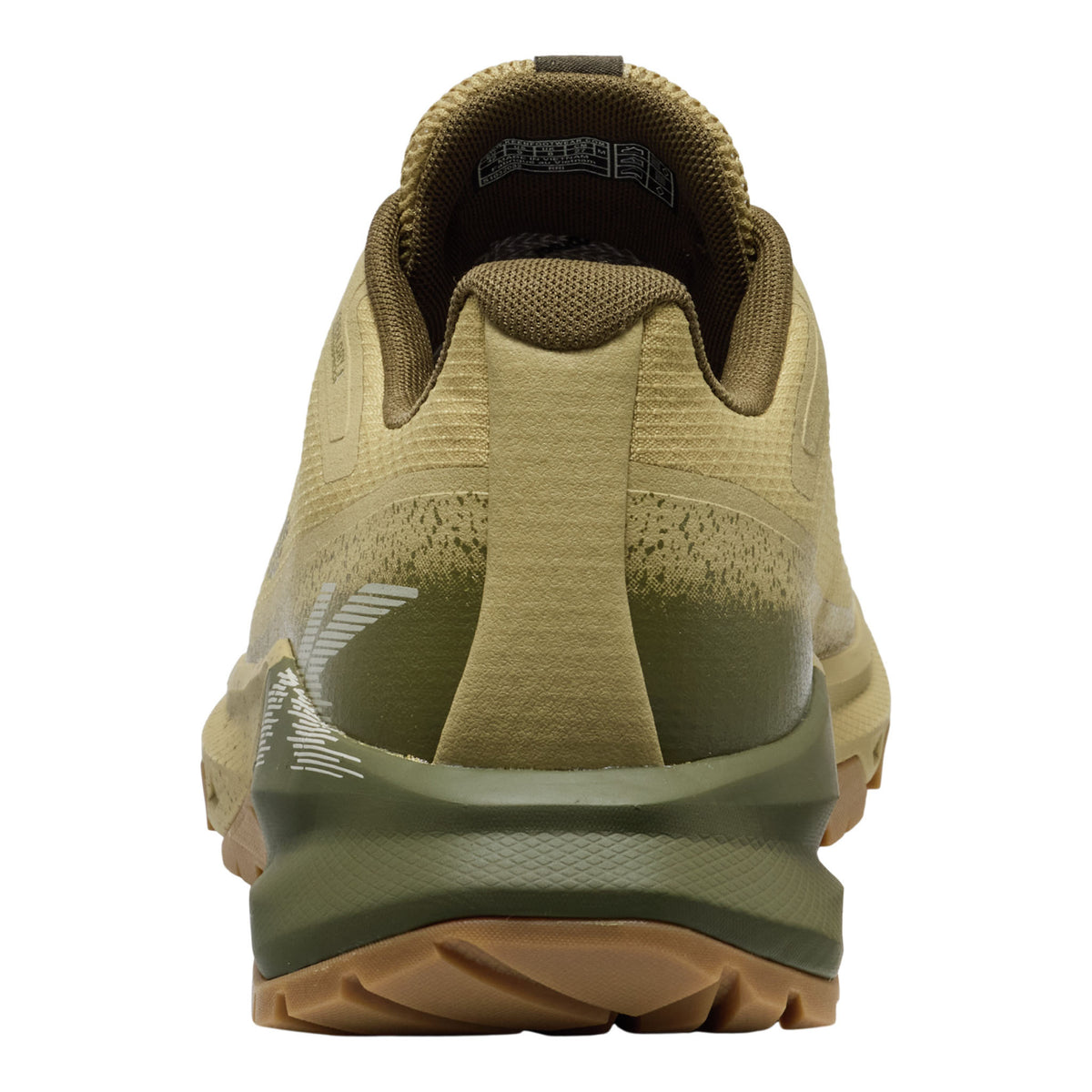 A close-up rear view of a trail running shoe in olive green and tan, showing the heel counter, textured upper, and rugged sole against a white background.