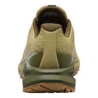 A close-up rear view of a trail running shoe in olive green and tan, showing the heel counter, textured upper, and rugged sole against a white background.