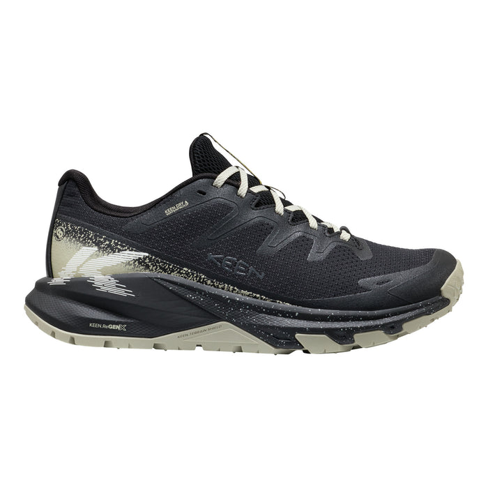 Black running shoe with white sole on a white background