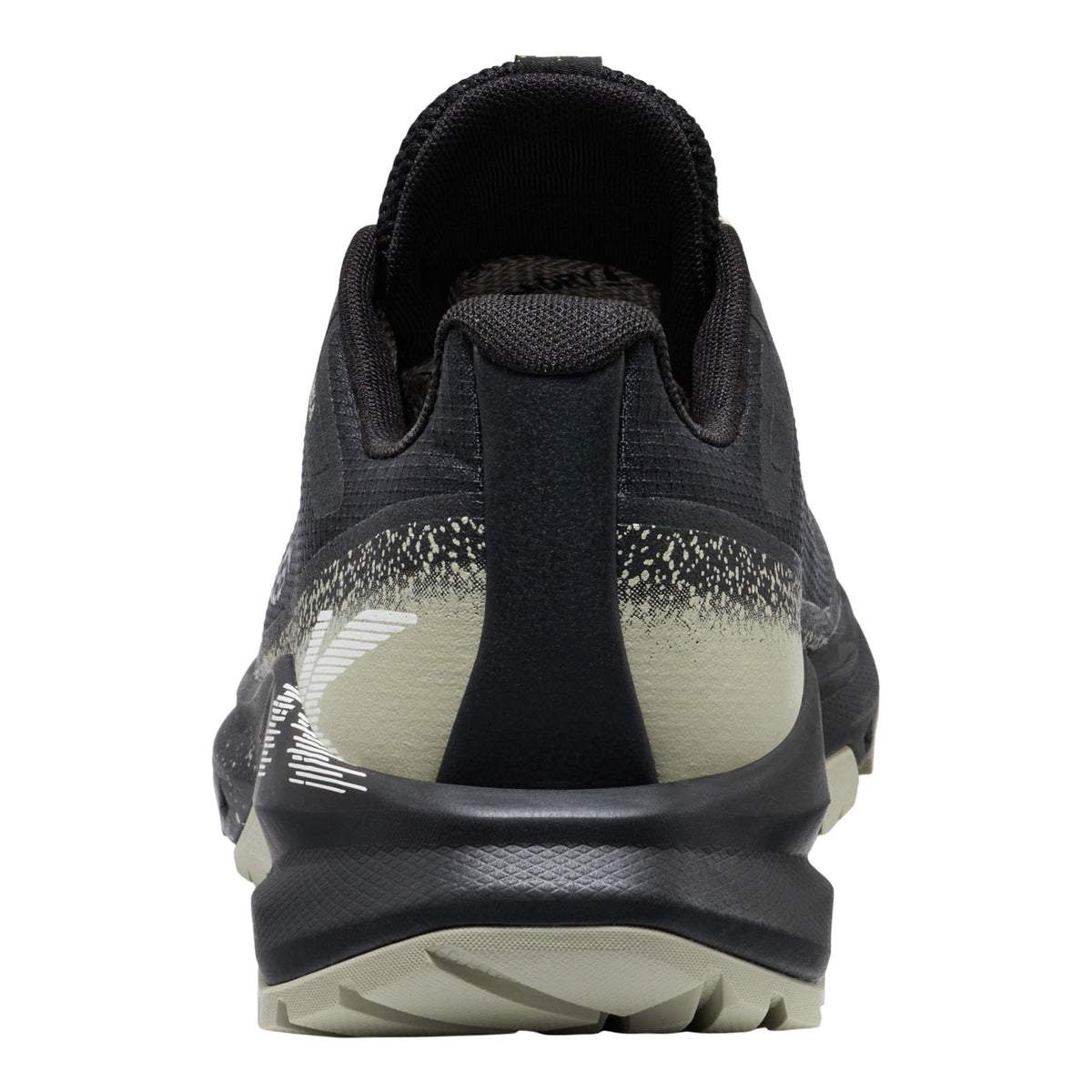 Black and gray athletic shoe on a white background