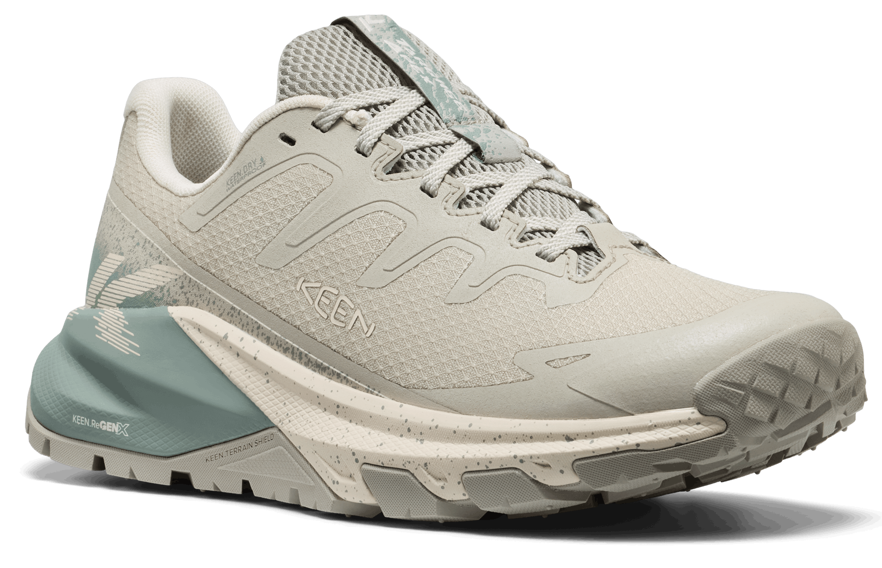 Gray KEEN hiking shoe on a black background