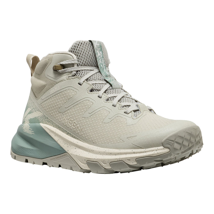 A mid-cut hiking boot from Koen on a solid white background, featuring a light gray and off-white mesh and synthetic upper with mint green accents on the midsole and heel.