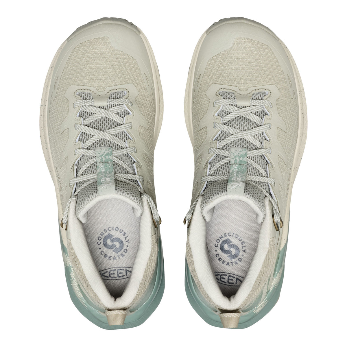 A pair of Skechers outdoor hiking shoes shown from a top-down view, featuring a light beige mesh upper with mint green accents on the heel and tongue, and matching laces.