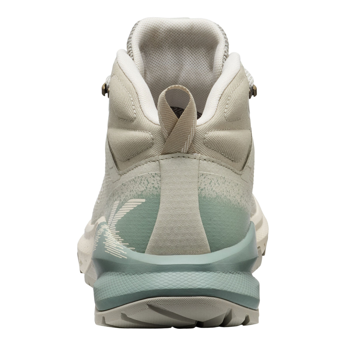 A high-top athletic shoe shown from the rear, featuring a light beige and off-white upper with a mint green gradient midsole and heel accent.