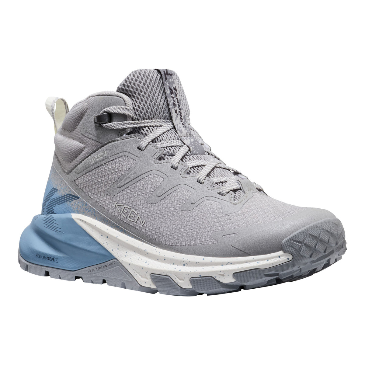 Gray hiking shoe with blue sole on a white background