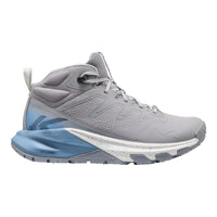 Gray athletic shoe with blue sole on a white background