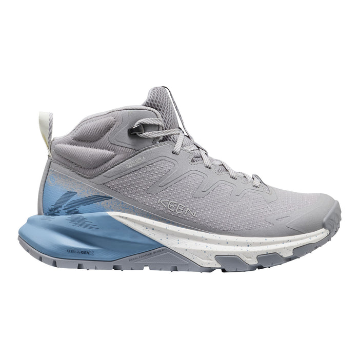Gray athletic shoe with blue sole on a white background