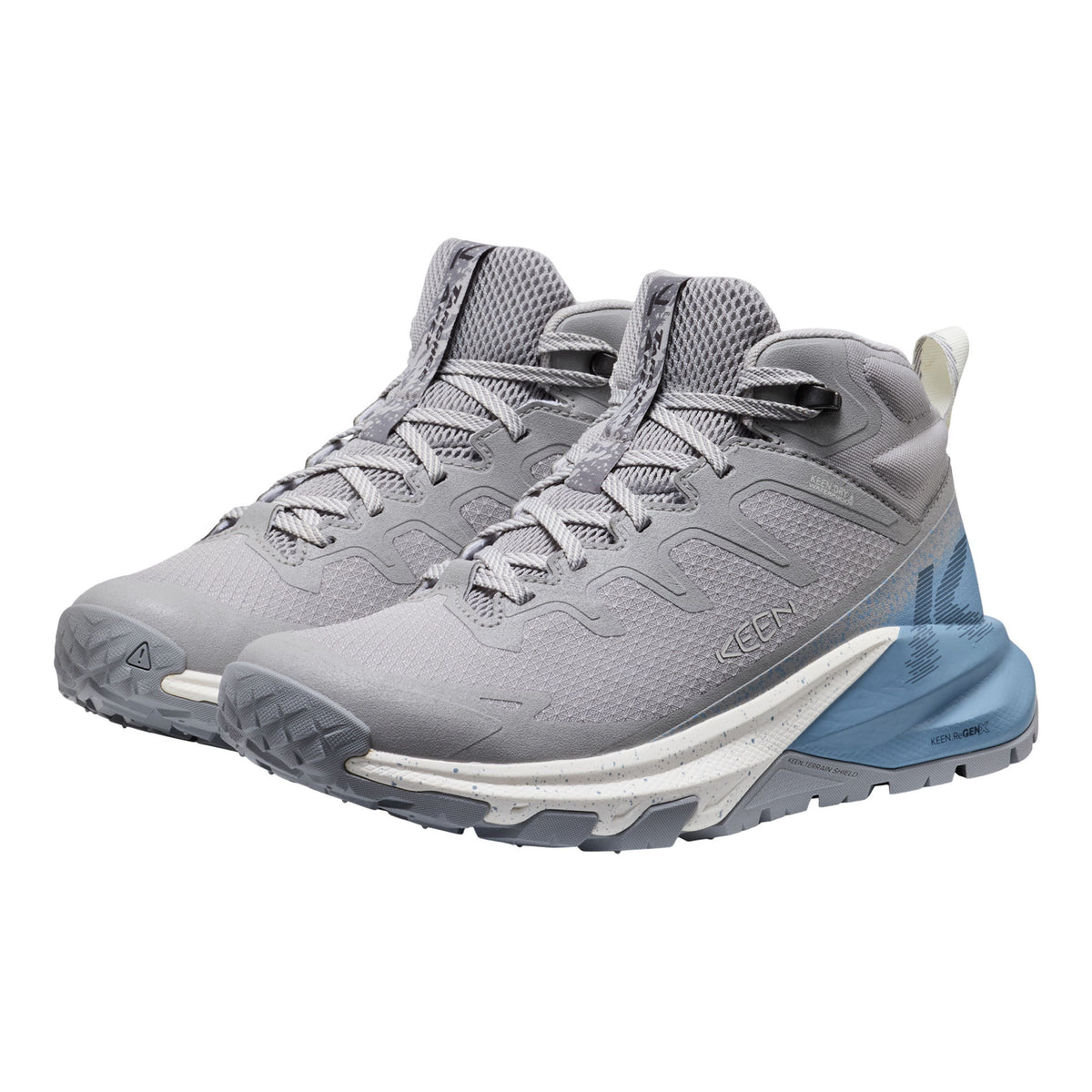Gray hiking shoes with blue accents on a white background