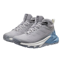Gray hiking shoes with blue accents on a white background