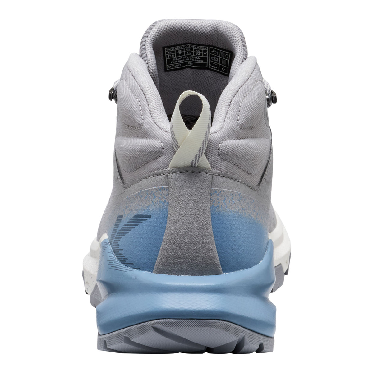Back view of a gray and blue athletic shoe on a white background