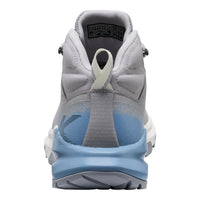 Back view of a gray and blue athletic shoe on a white background