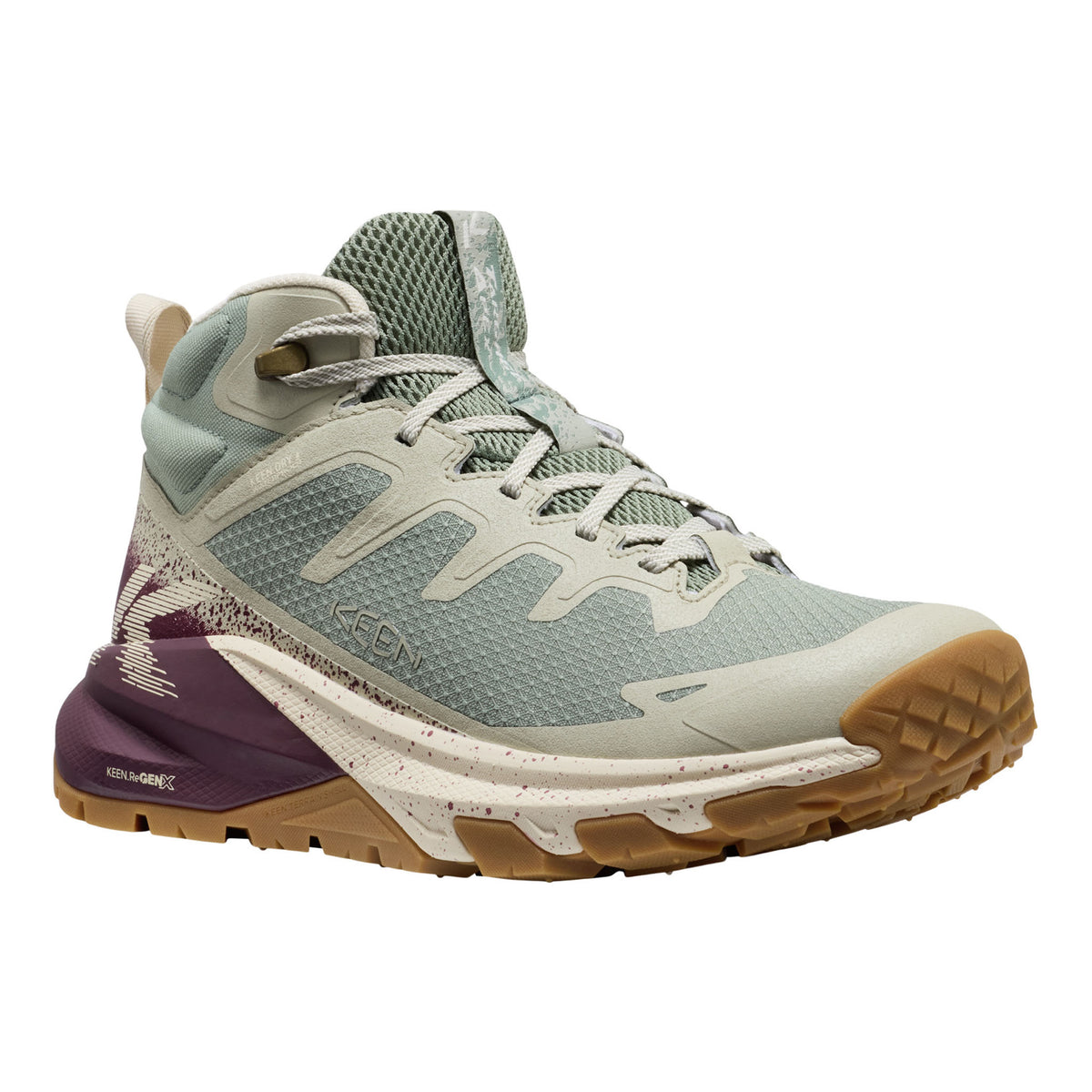 Light gray and brown hiking shoe with purple sole on a white background