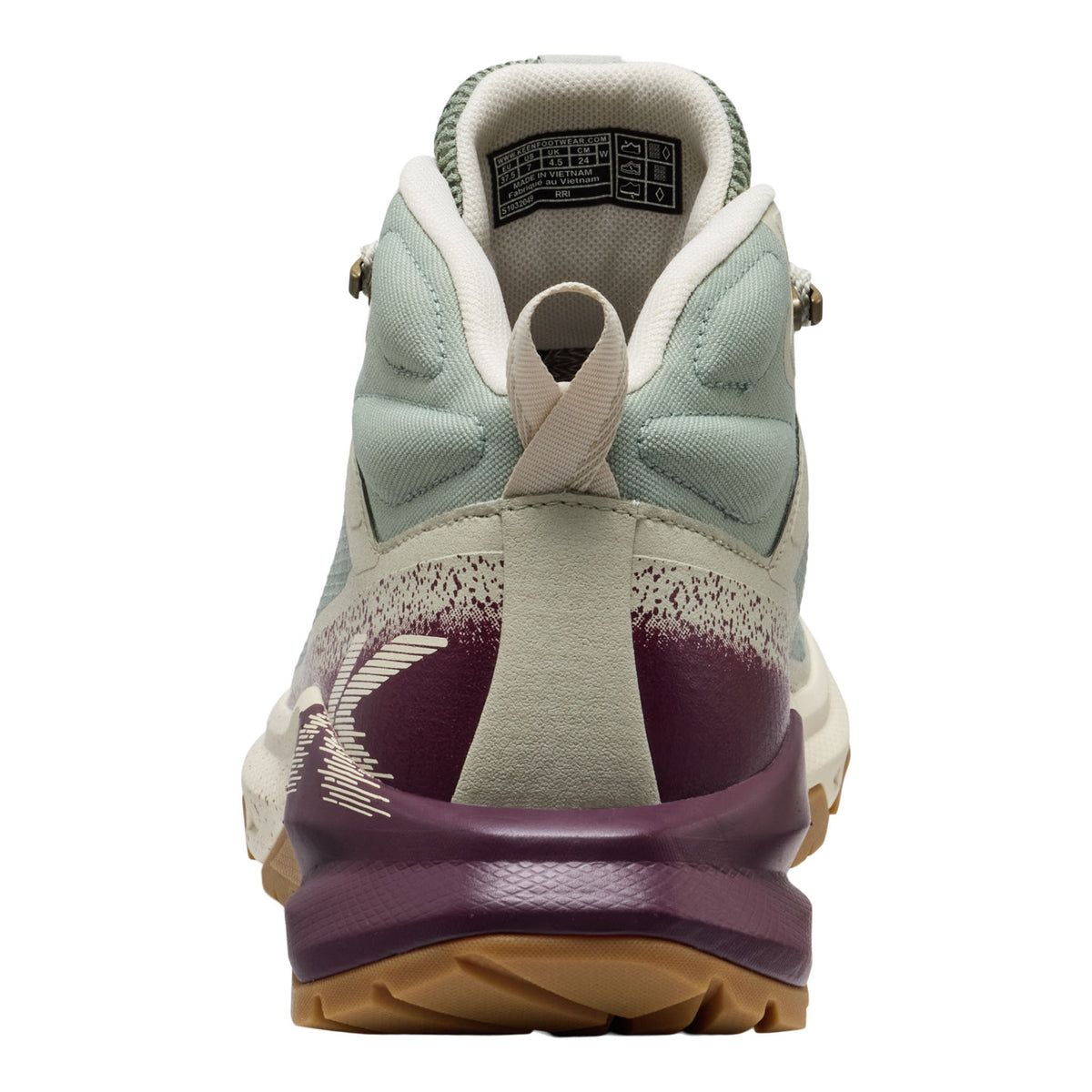 Back view of a sneaker with purple sole and beige accents on a white background