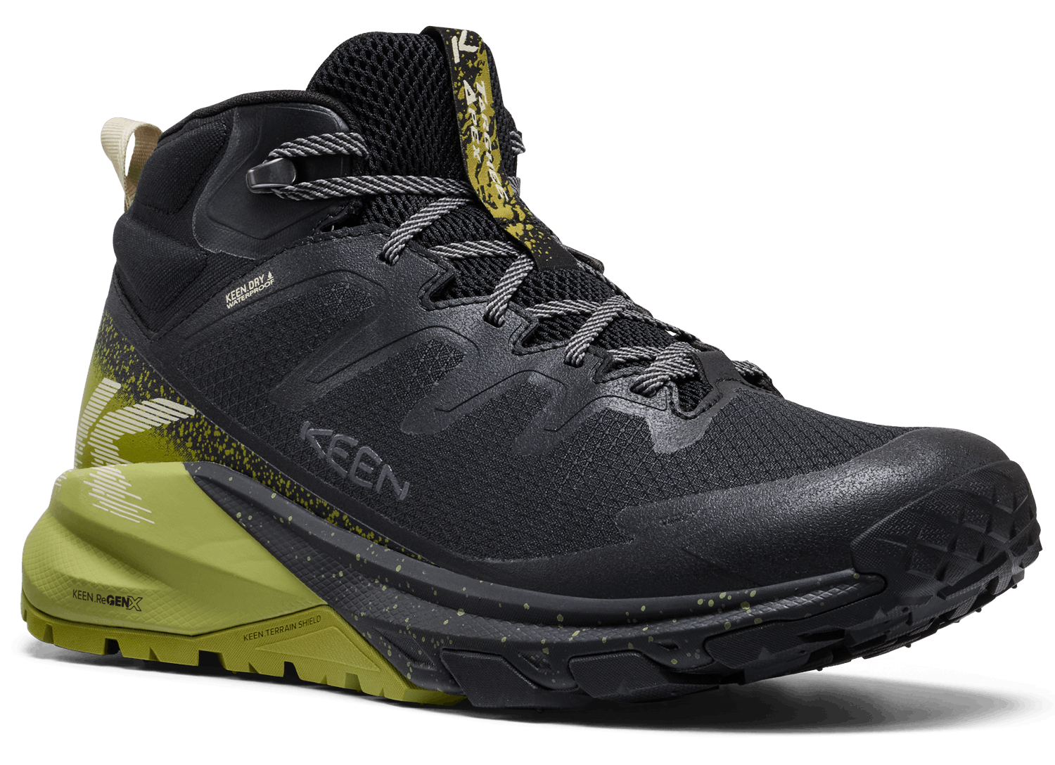 Black and yellow hiking boot with KEEN branding on a clear background
