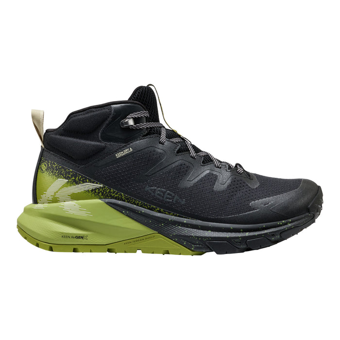 Black and green running shoe on a white background