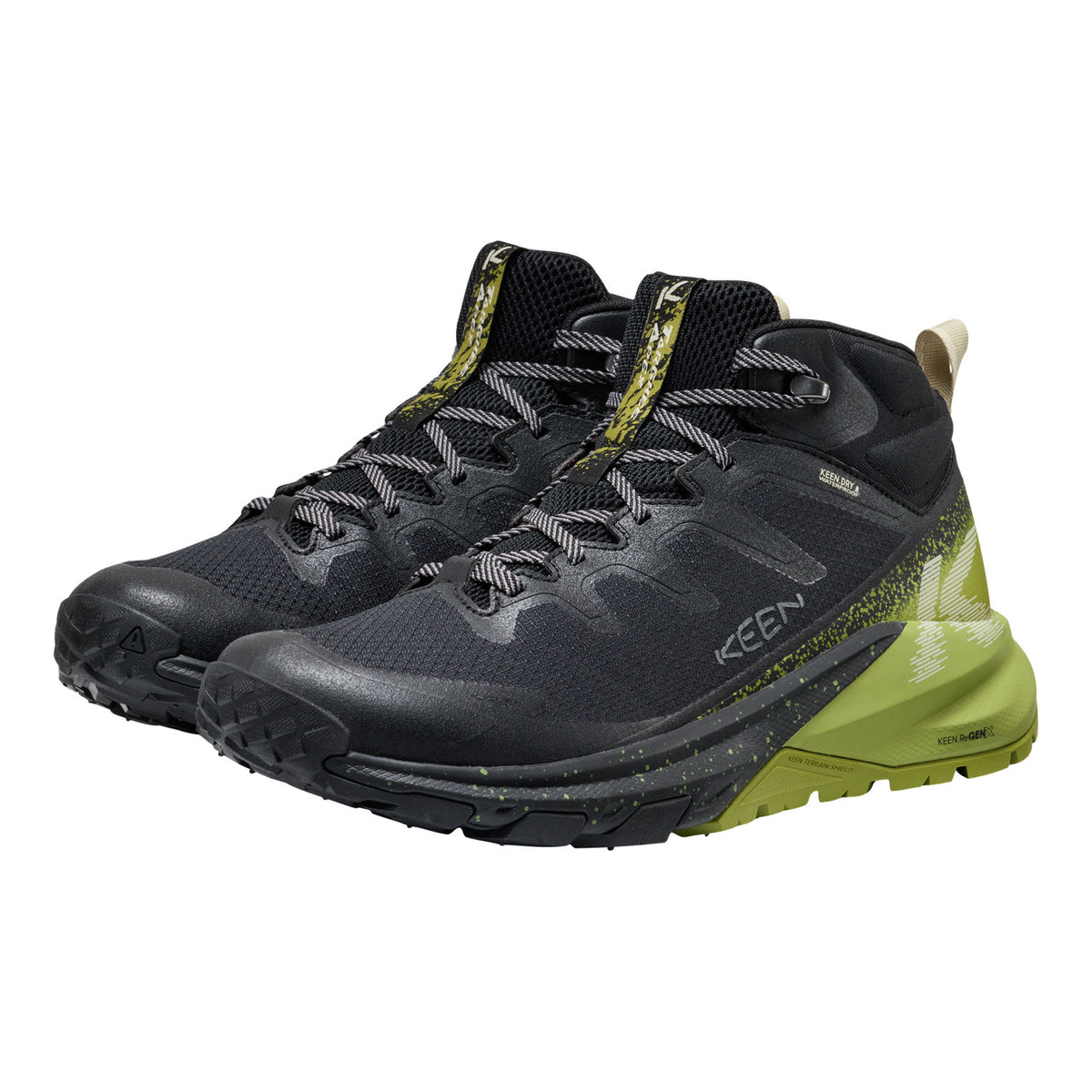 Black and green hiking shoes with Keen logo on a white background