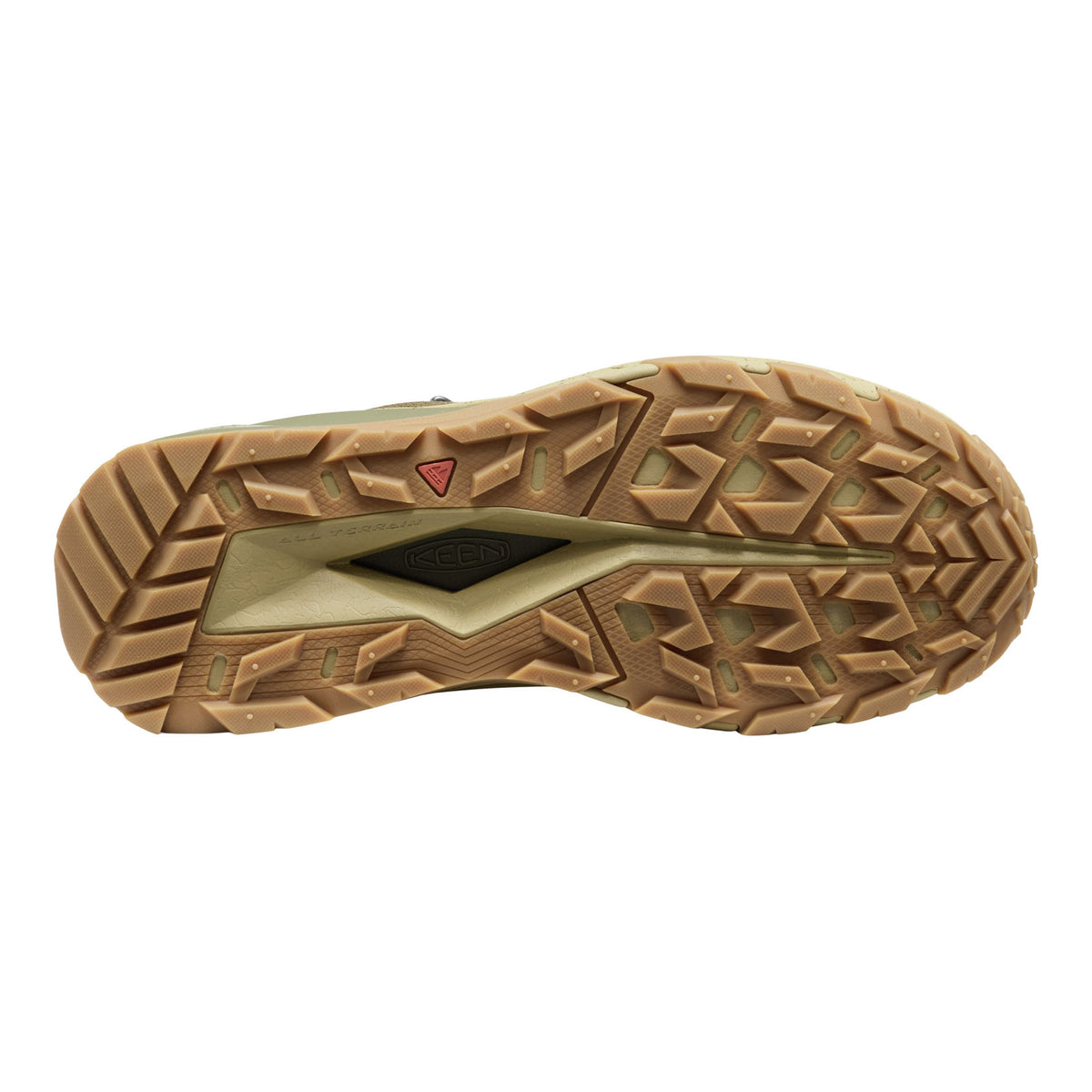 Close-up of a brown hiking shoe sole with tread pattern on a white background